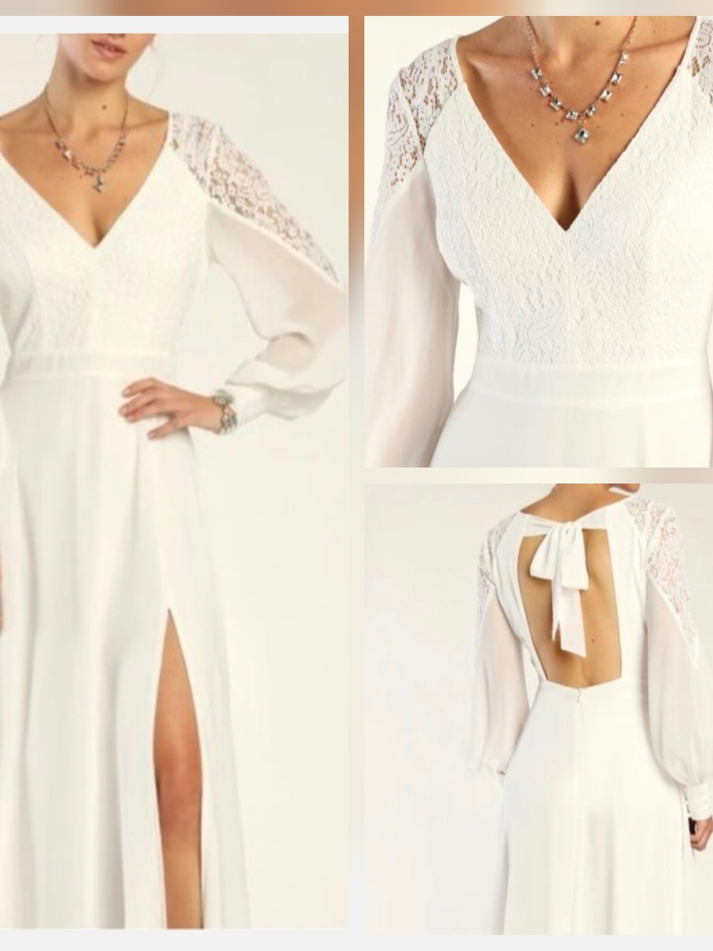 White Lace-Accent V-Neck Long Sleeve Dress